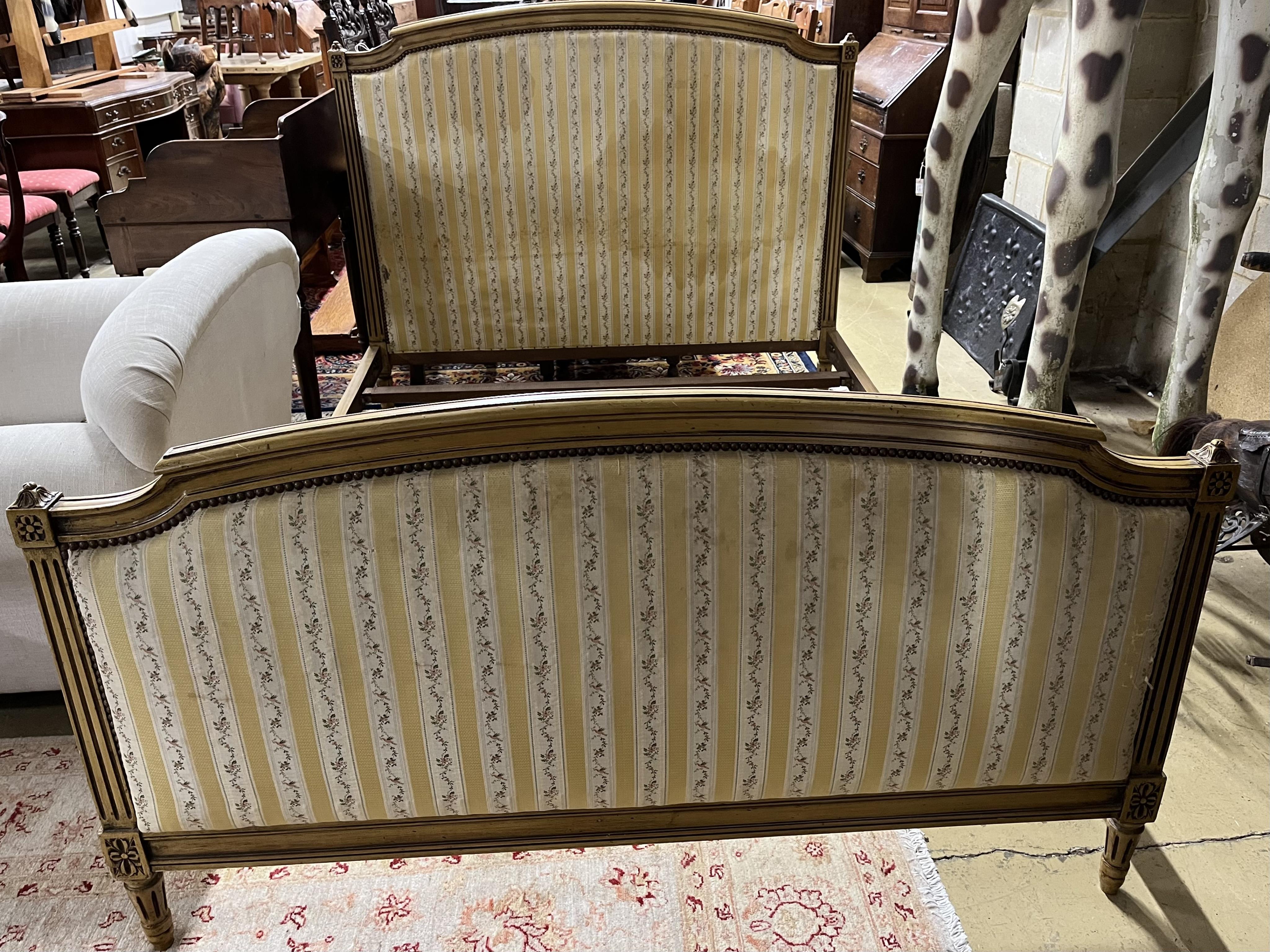 A Louis XVI style upholstered double bed frame, length 200cm, width 146cm, height 120cm. Condition - fair to good